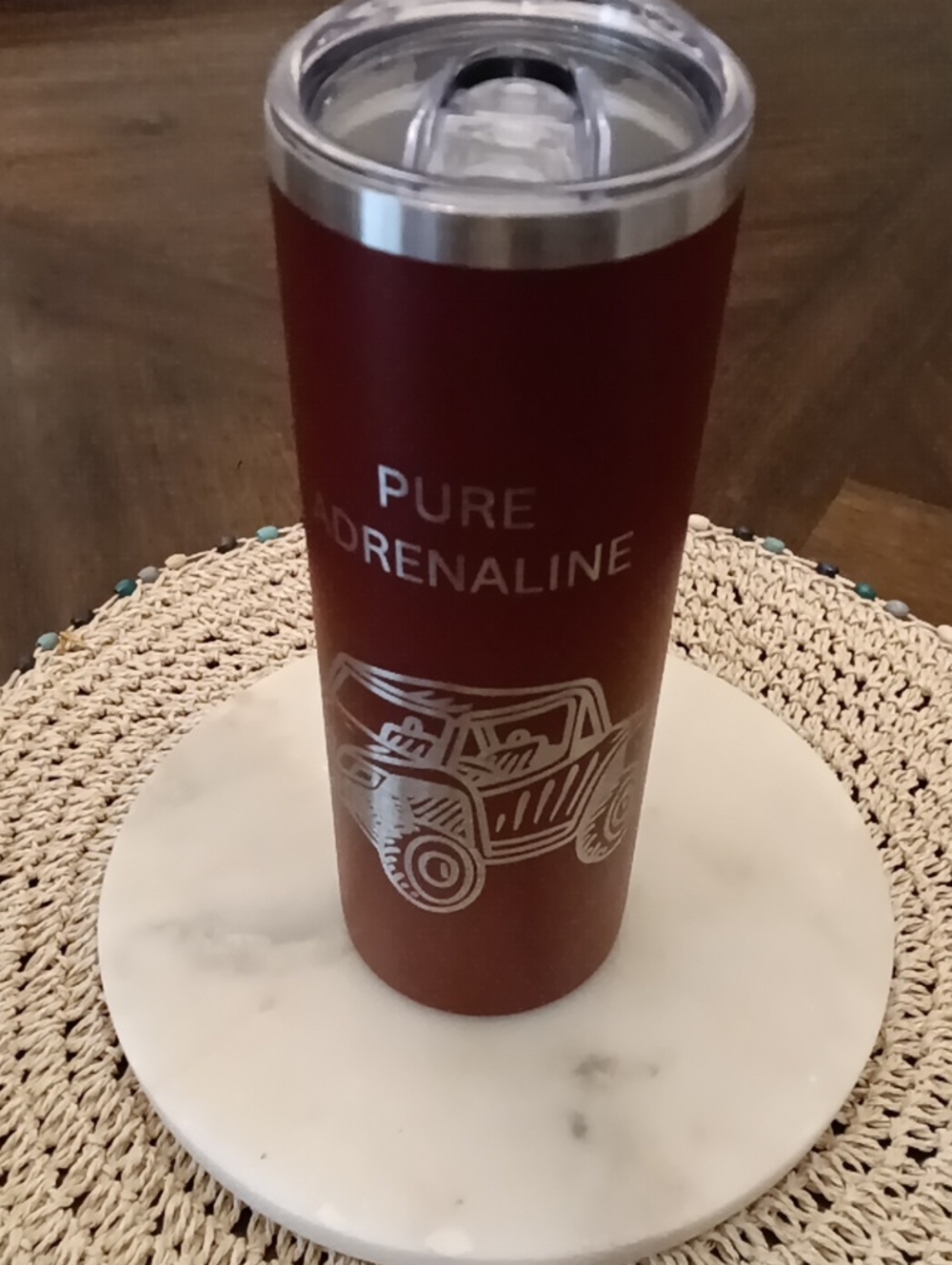 Red Insulated Ingraved Side X Side Skinny Travel Tumbler with Slide Lid